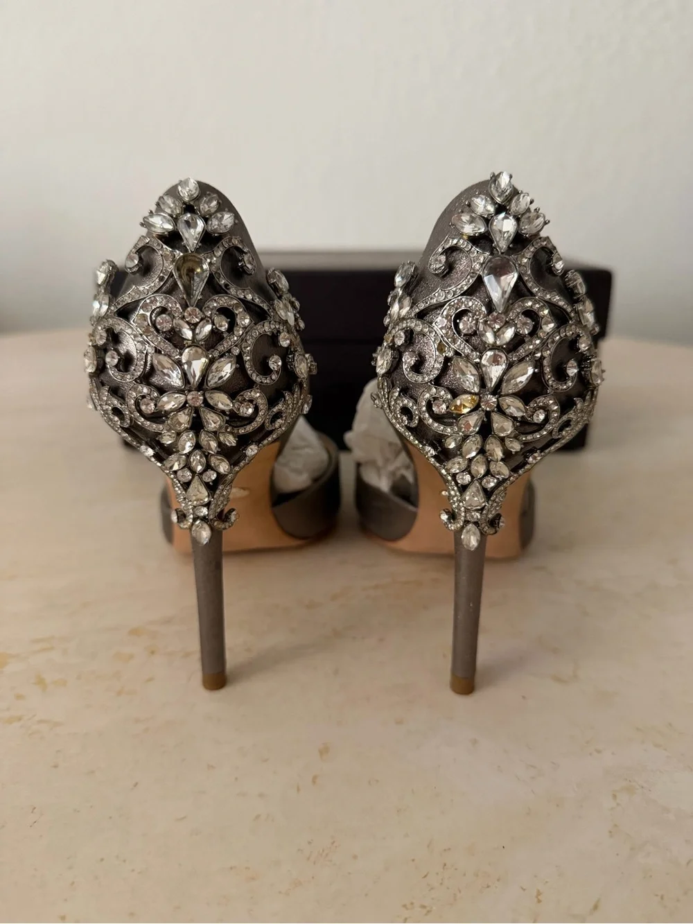 Badgley Mischka Metallic Taupe D'Orsay Pumps with Embellished Heel